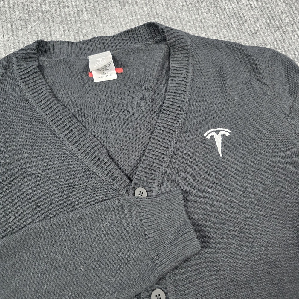 Tesla Cardigan Sweater Mens Medium Black Button‎ Up Knit Logo Corporate Pullover